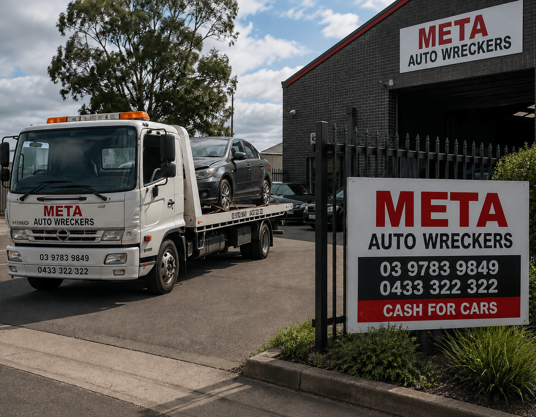 Meta Auto Wreckers tow truck collecting a vehicle outside the Meta Auto Wreckers premises in Seaford