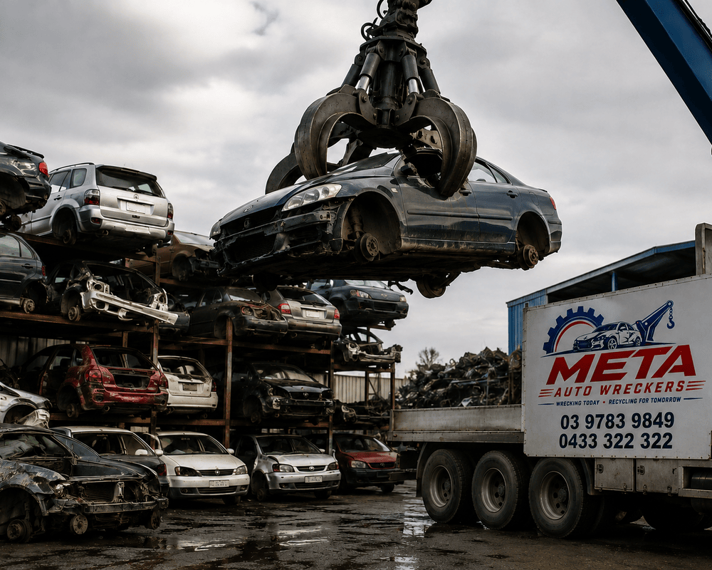 Crane grab lifting a wrecked vehicle onto a Meta Auto Wreckers truck at the automotive recycling yard