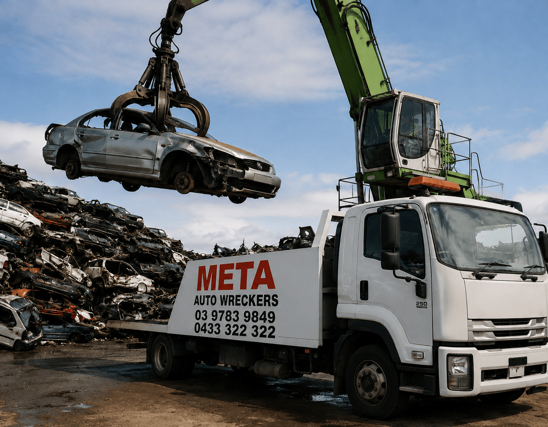 Meta Auto Wreckers crane truck lifting a wrecked vehicle at an automotive recycling and dismantling yard