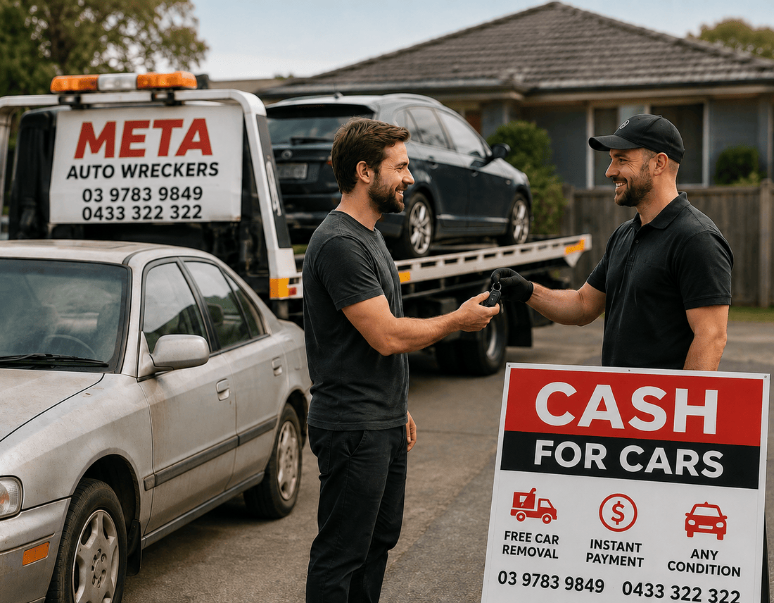 Meta Auto Wreckers representative handing over cash and collecting vehicle keys during a car removal in a Melbourne driveway