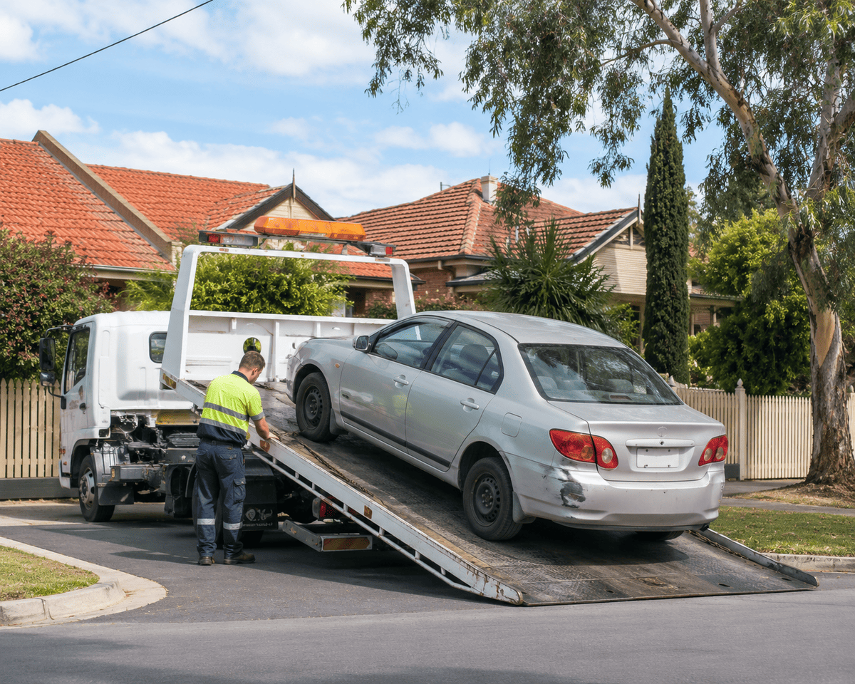 Tow truck collecting an unwanted vehicle from a suburban Melbourne property for Meta Auto Wreckers