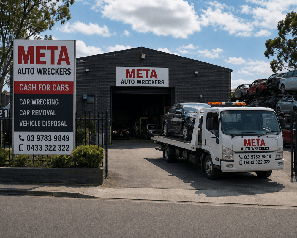 Exterior of the Meta Auto Wreckers premises and yard signage at 21 Pascal Road, Seaford