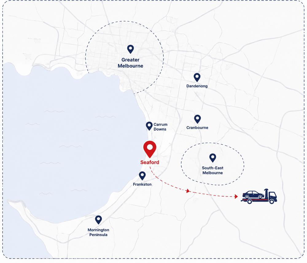 Map graphic showing Meta Auto Wreckers' Seaford location and the greater Melbourne service area