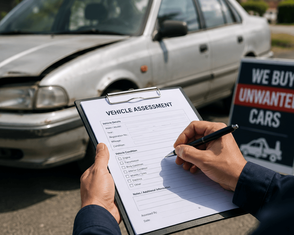 Vehicle assessment clipboard beside an unwanted car being considered for a cash for cars enquiry
